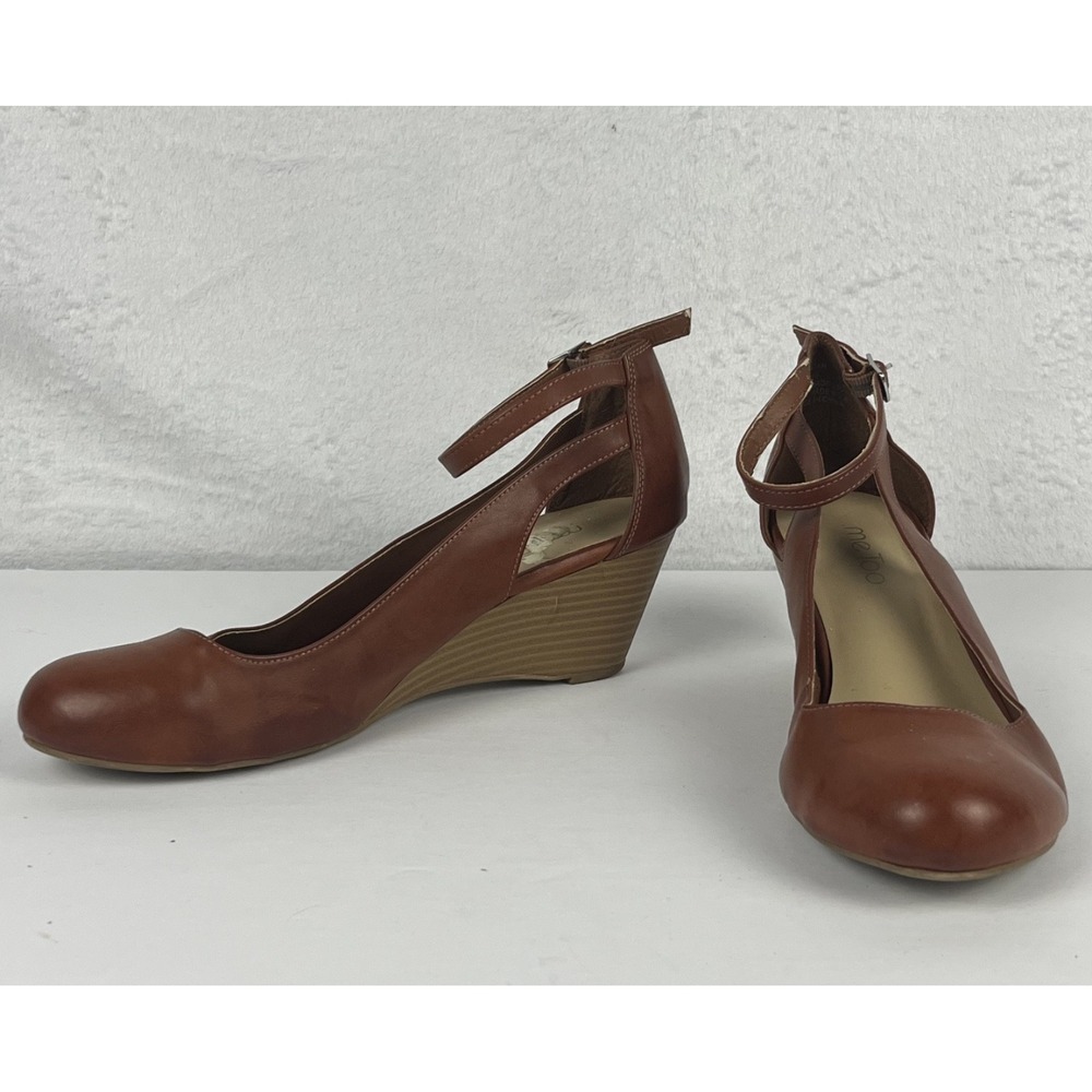 GUC Me Too Morgan Women Size 10W Tan Brown Faux Leather Ankle Strap Wedge Heels